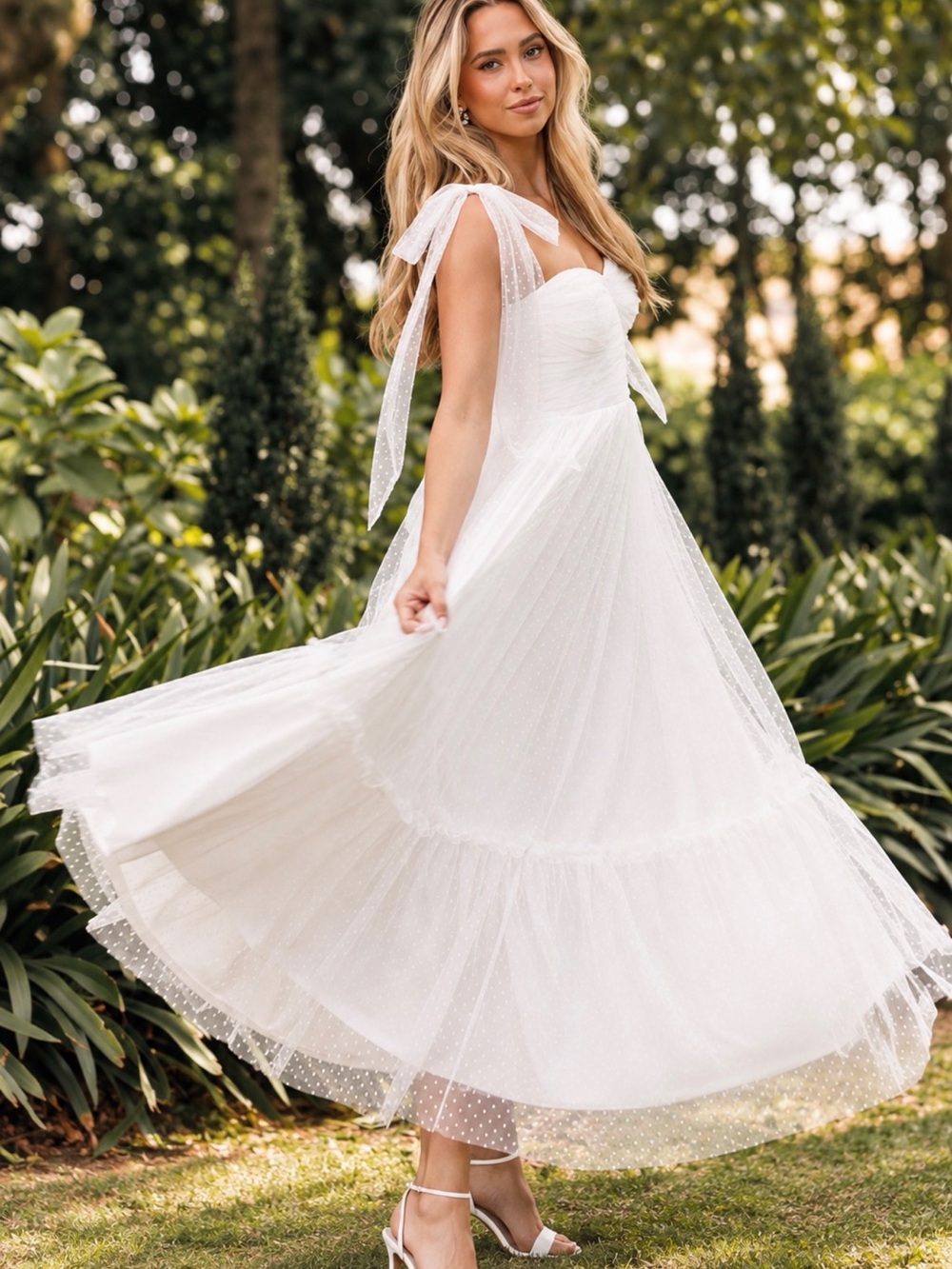 PETAL & PUP Floret Bow Strap Sweetheart Midi Dress in "Off White" Size XS